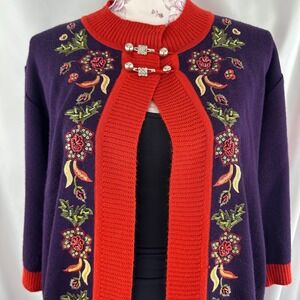 Wool‎ Blend Beaded Embroidered Sequin Open Cardigan Sweater Purple Red Floral